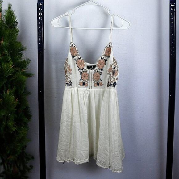Lulus Womens medium Ivory & Pink floral Fully Lined Strap Boho Mini Dress - Picture 2 of 7